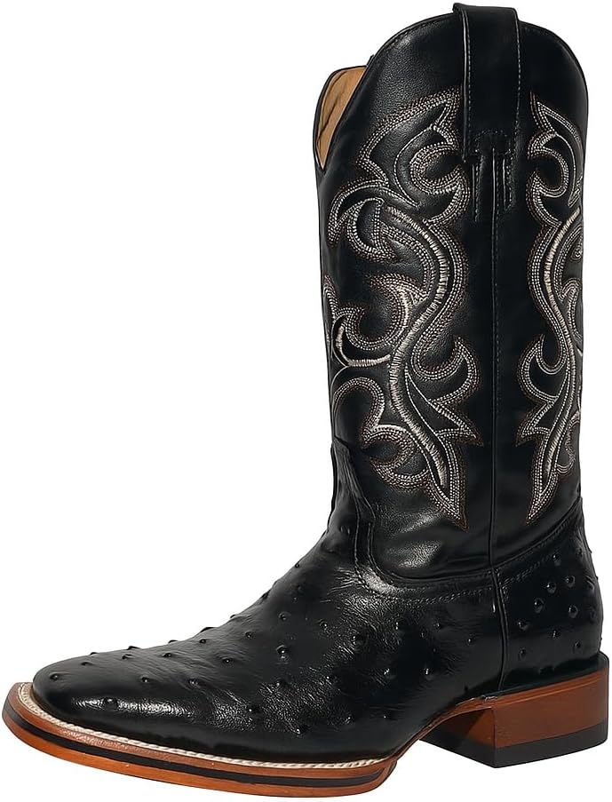 

Мужские кожаные ковбойские ботинки с экзотическим принтом перьевого страуса, квадратный носок - черные Generic