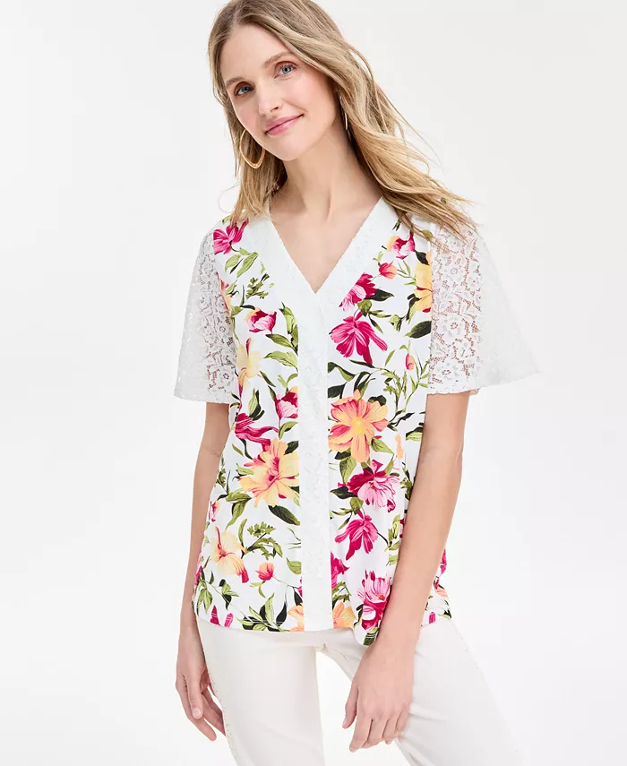 

Женский топ с V-образным вырезом и кружевным принтом JM Collection, белый