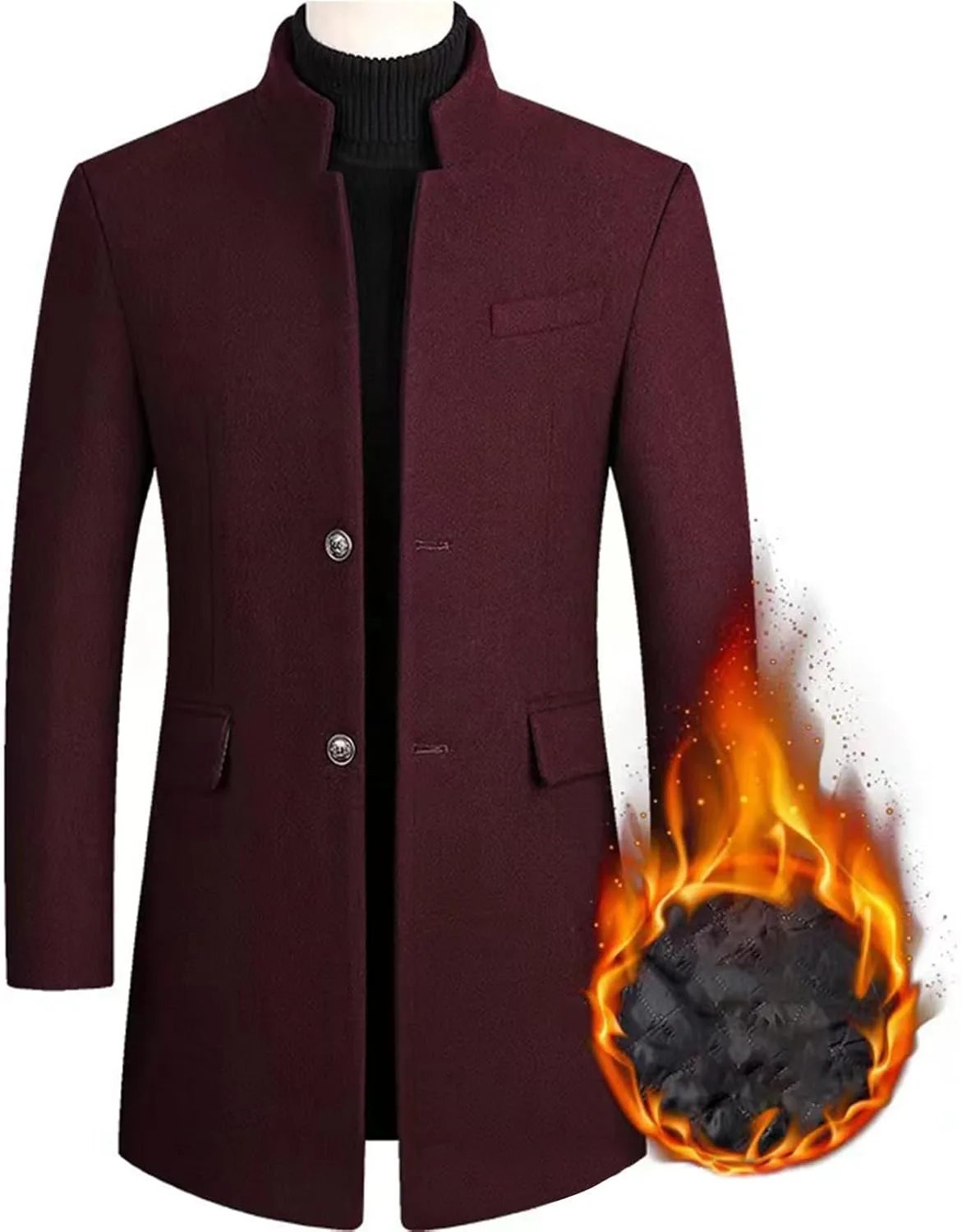 Мужское пальто Mid Long Single Breasted Lapel Notched Pea Coat из шерстяной смеси для бизнес-кэжуал с карманами Generic, A01#Wine — фото 2