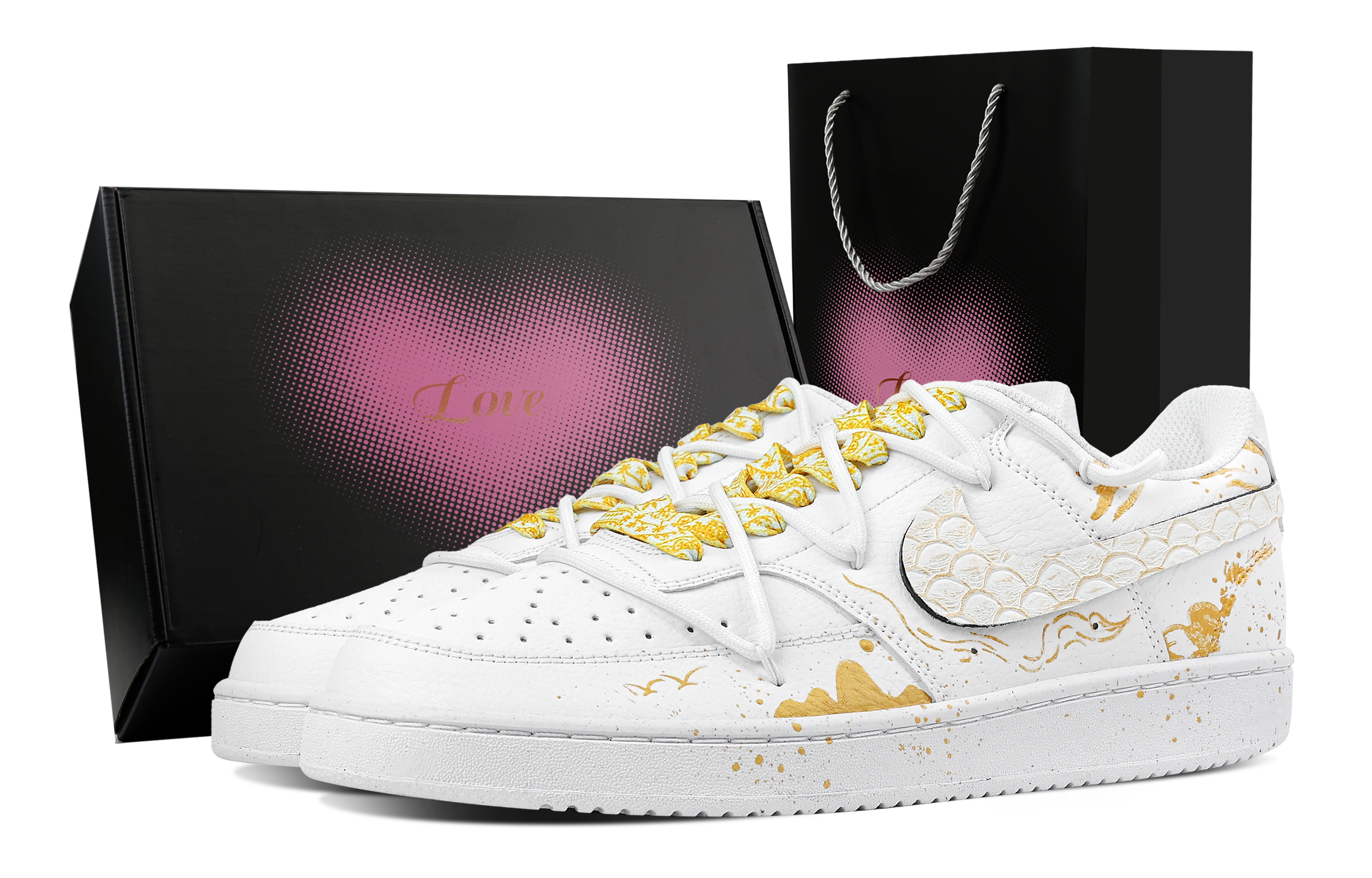 

Nike Кроссовки Court Vision 1 Golden Snake Soaring Clouds Heart Box, износостойкие, низкие, для скейтбординга, мужские, белое золото
