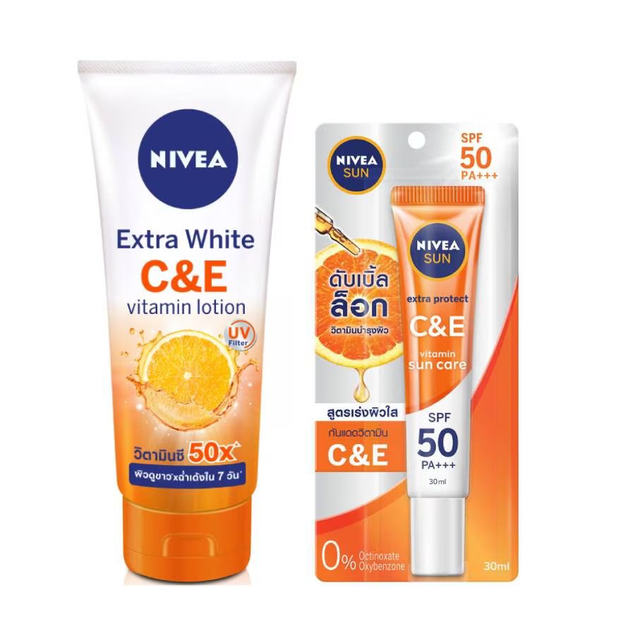 

Nivea Витаминный лосьон Extra White CE 320 мл + Nivea Sun Extra Protect CE Сыворотка SPF50+ PA, Orange