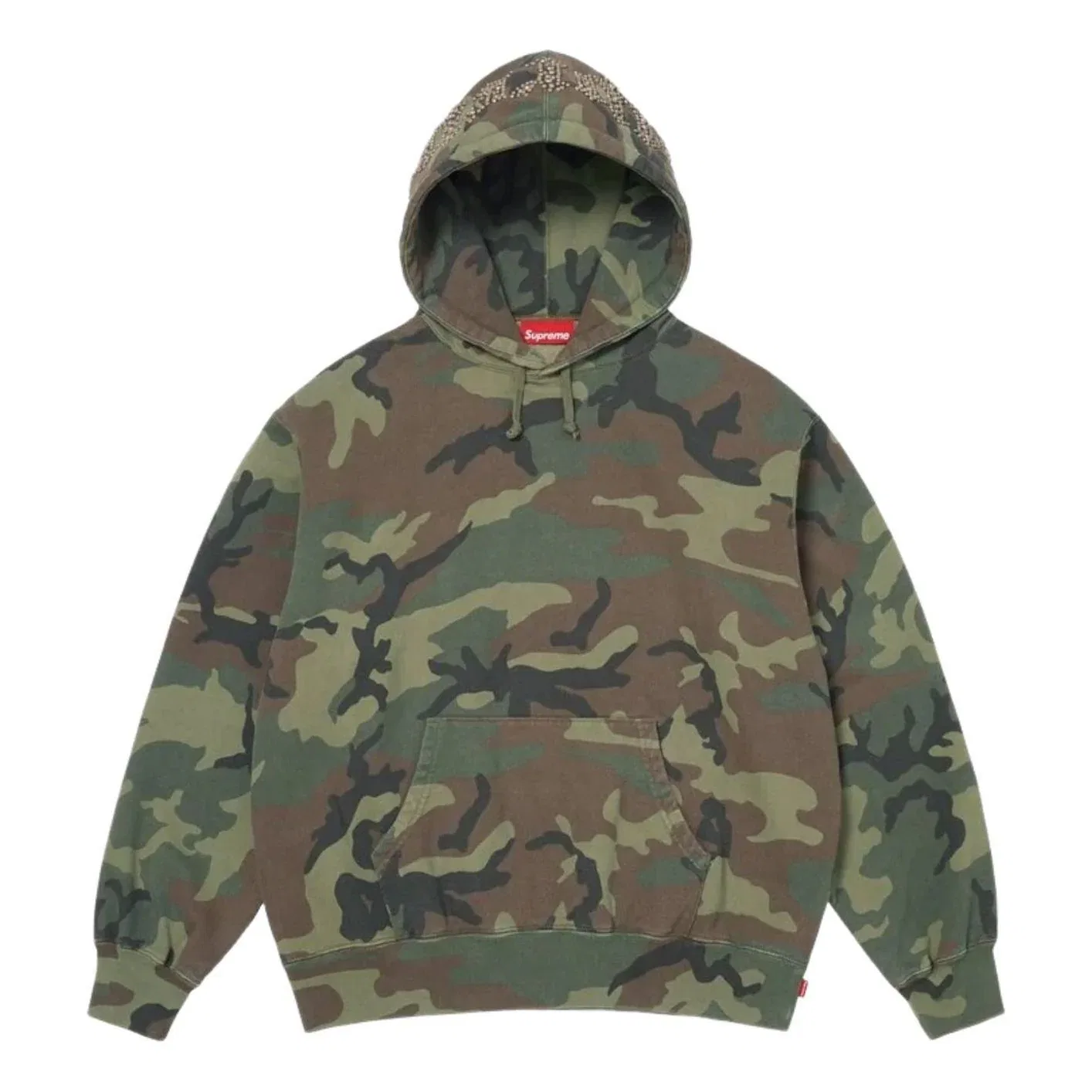 Толстовка Supreme SS26 с капюшоном и заклепками, окрашенная в технике Overdyed Studded Hooded Sweatshirt, расцветка 'Woodland Camo', зеленый