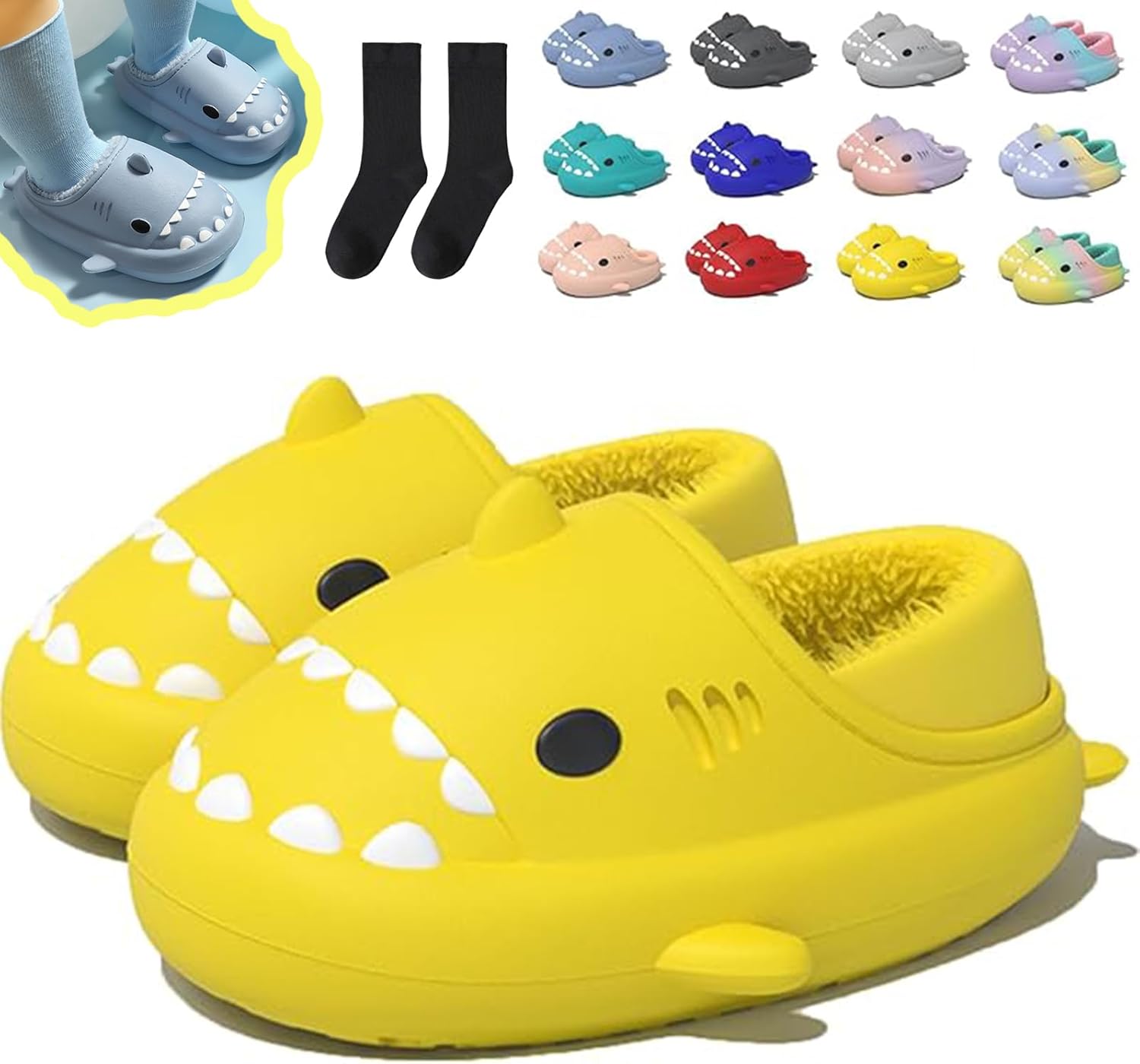 

Зимние тапочки в виде акулы, тапочки с акулой со съемной плюшевой подкладкой, теплые зимние плюшевые удобные нескользящие шлепанцы Generic, желтый