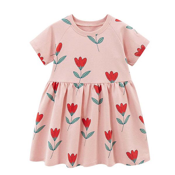 

Платье для девочки с короткими рукавами и цветочным принтом, розовое Mykids-Usa