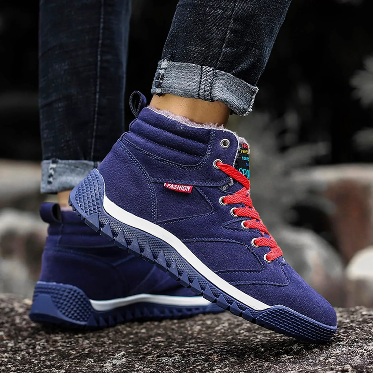 Мужские кожаные зимние ботинки CERYTHRINA с водонепроницаемой подкладкой из меха, шнуровкой, кроссовки на щиколотке, высокие зимние туфли, синий — фото 2