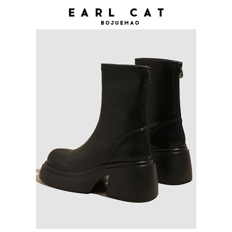 Earl Cat Черные женские полусапожки на каблуке 7,5 см с меховой подкладкой, цвет Black Fleece-Lined — фото 3