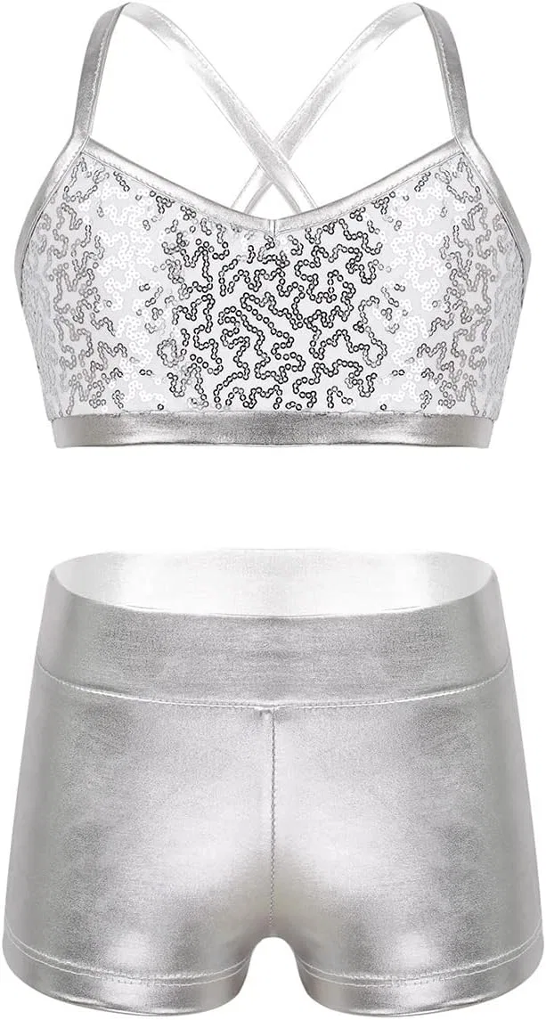 Детский спортивный костюм с пайетками JanJean, топ и шорты, Silver — фото 3