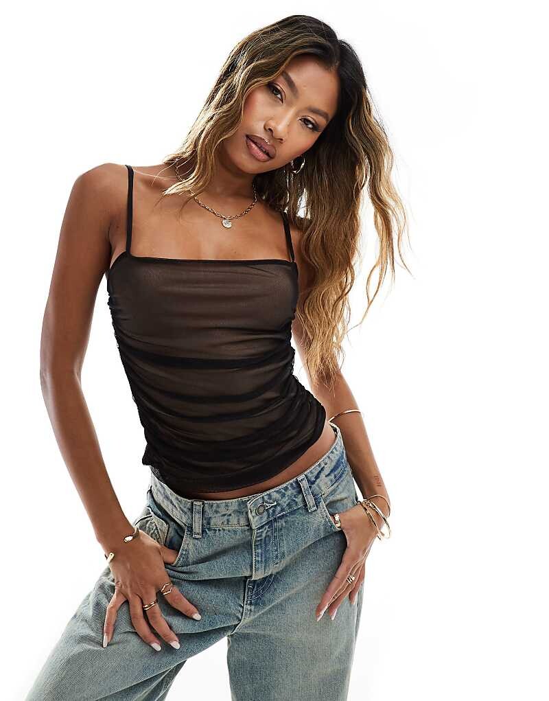 

Черный драпированный топ на бретелях из сетки с каменной подкладкой ASOS DESIGN