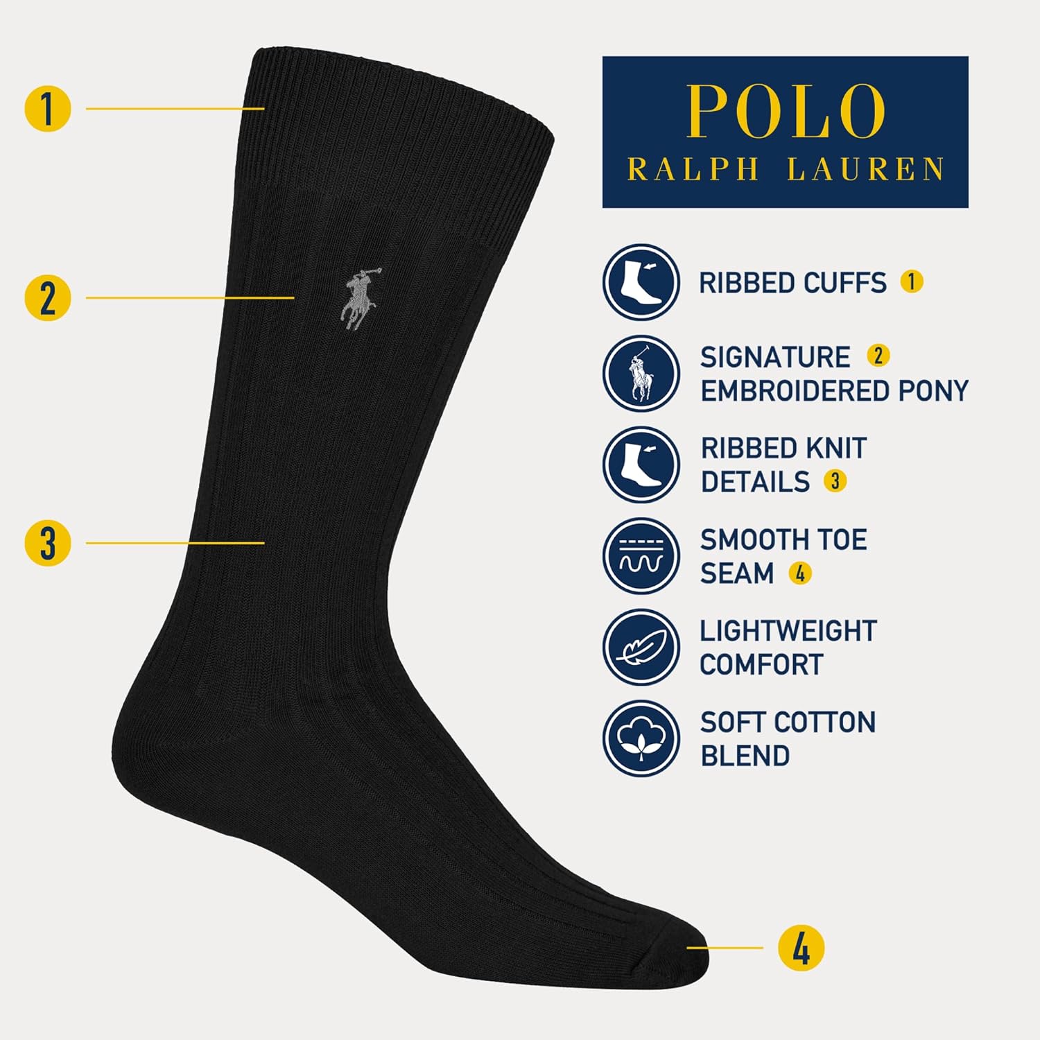 POLO RALPH LAUREN мужские носки-следки из египетского хлопка с рубчиком и вышитым пони - упаковка 1 пара, Black — фото 2