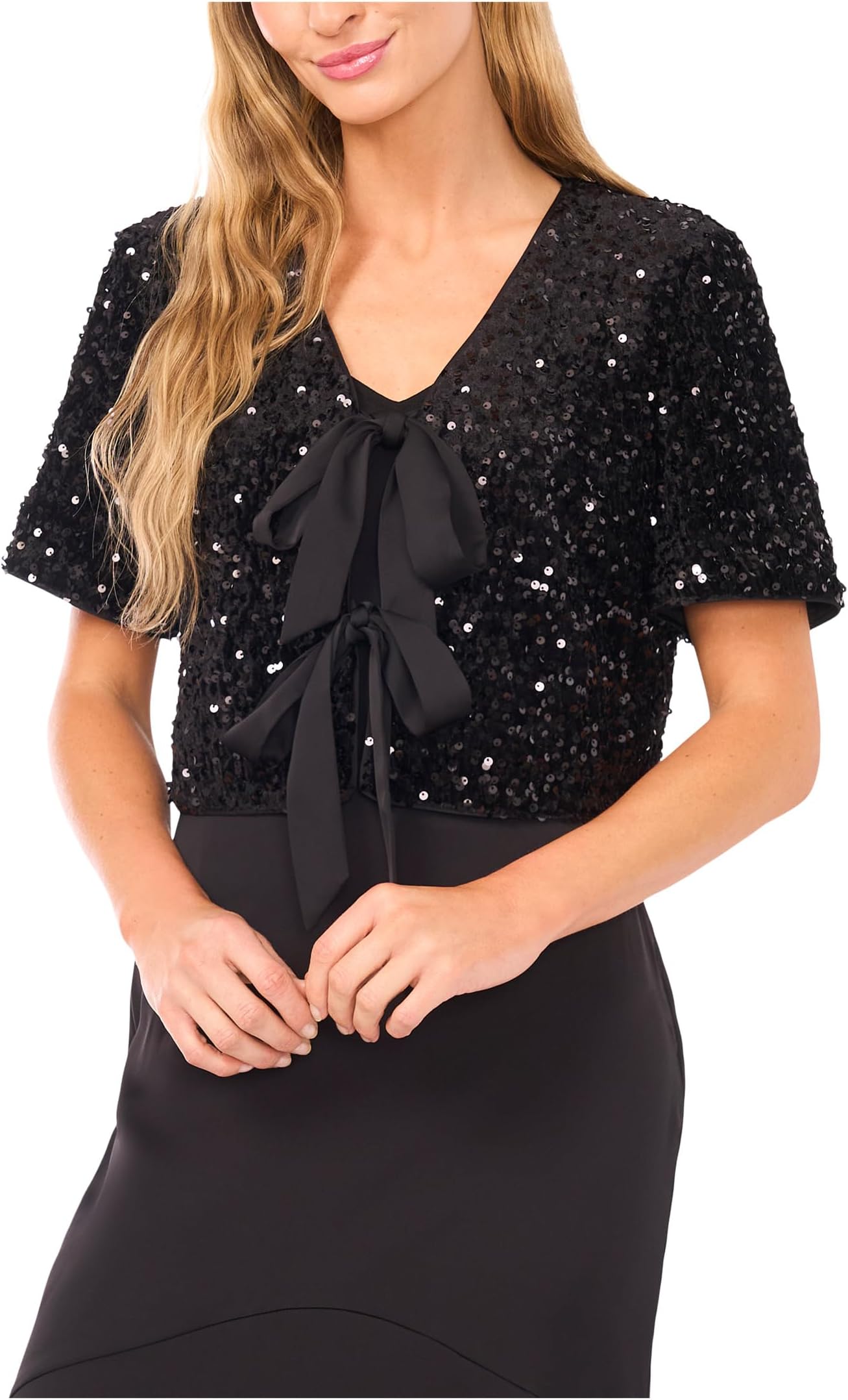 

Женский бархатный топ с короткими рукавами и бантом спереди, расшитый пайетками CeCe, Rich Black