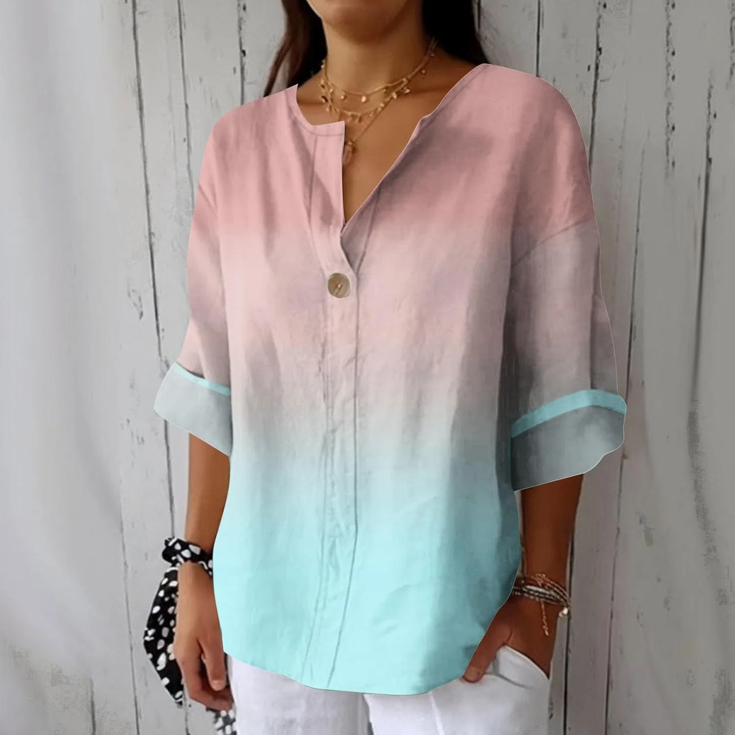 Блуза женская с V-образным вырезом, длинным рукавом, свободный крой, Polyester, P-98 Mint Lime Green — фото 3