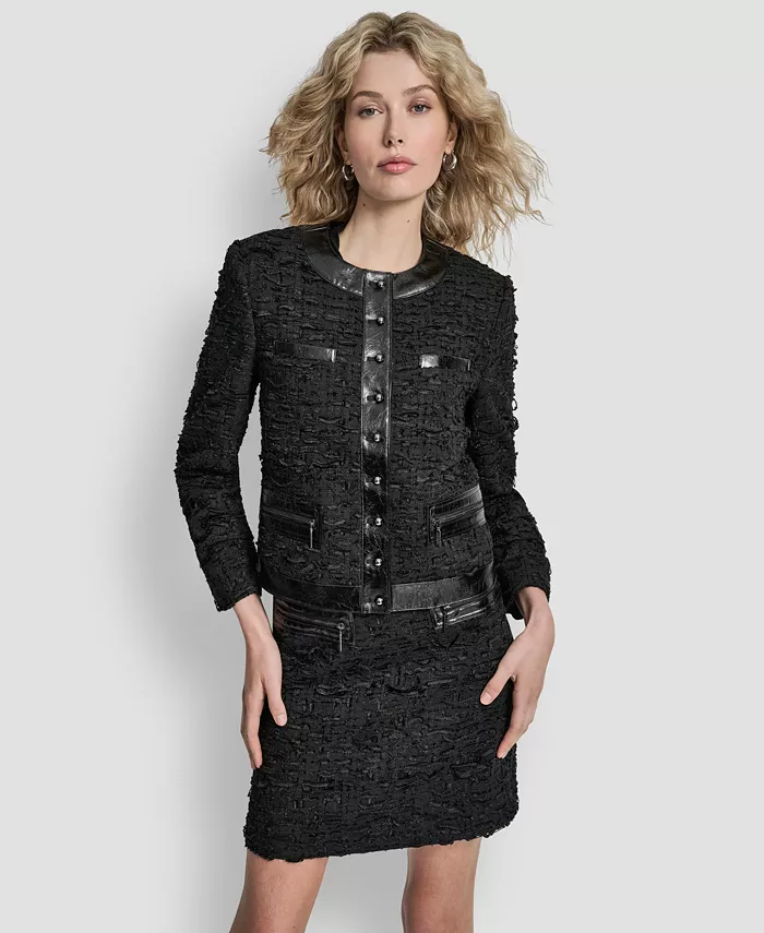 

Женский жакет из смешанного твида и ткани с кракле с круглым вырезом Dkny, черный