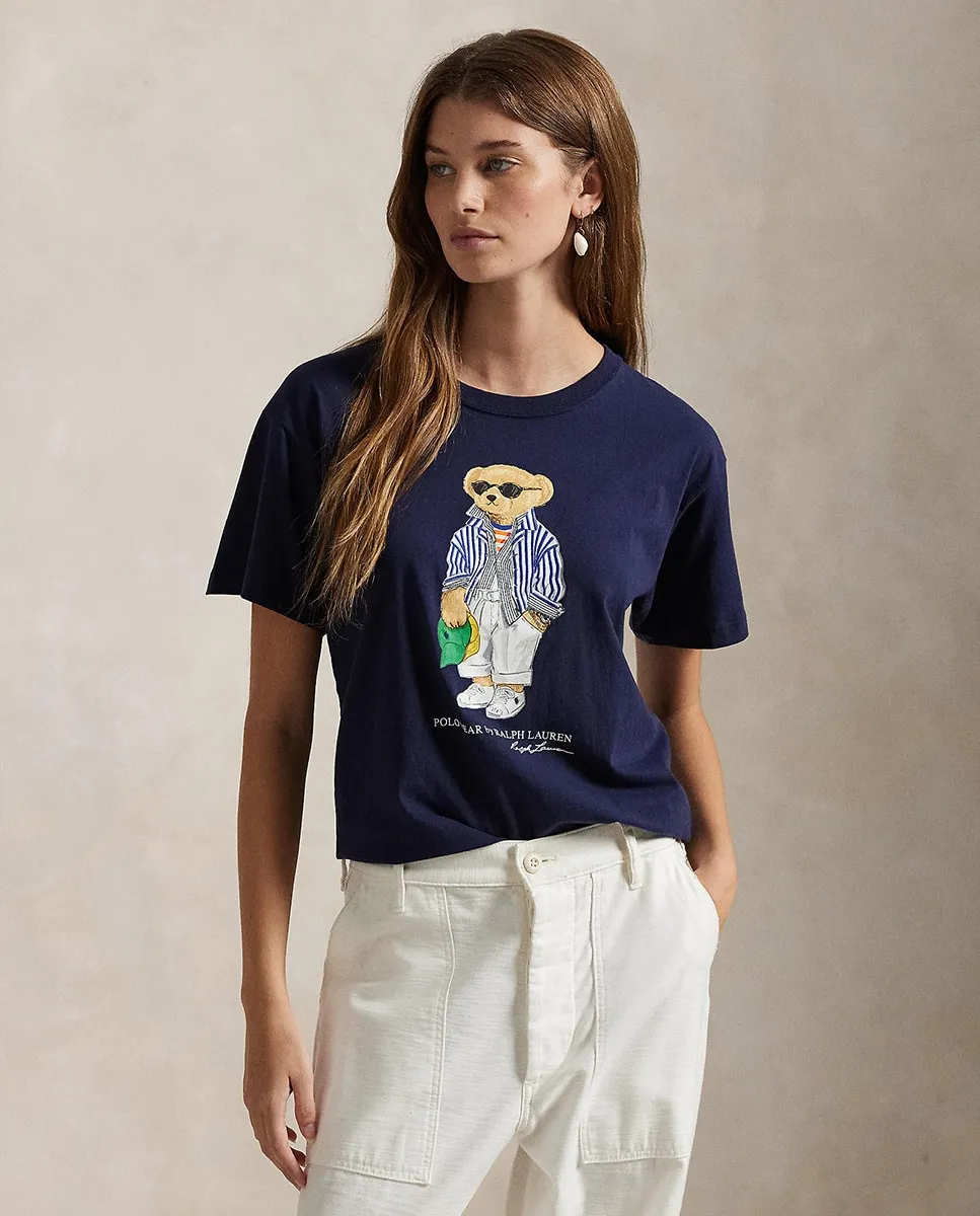 

Женская хлопковая футболка с принтом Polo Bear Polo Ralph Lauren, тёмно-синий