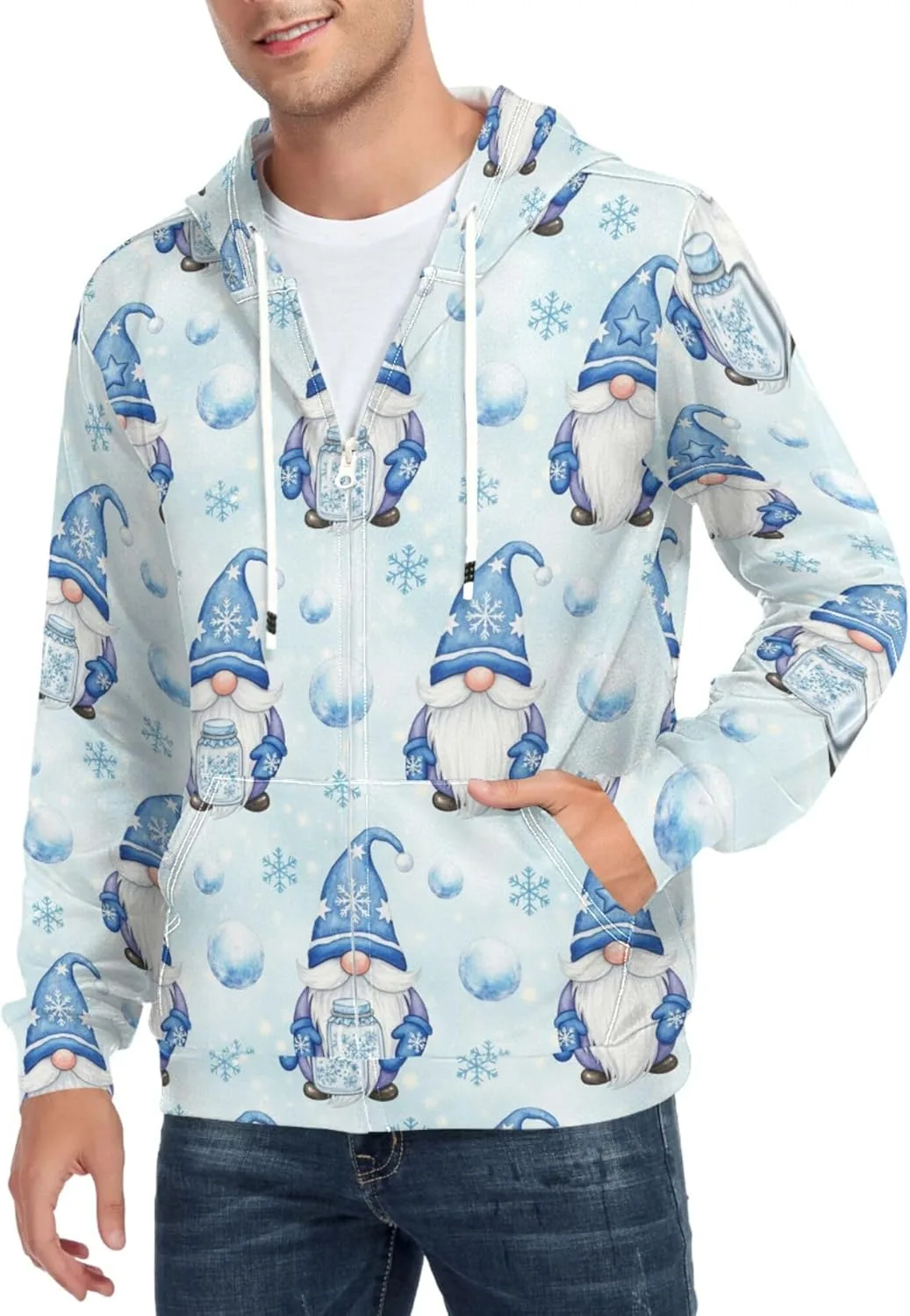 

Мужская толстовка с полной молнией Blue Gnomes Snowflakes Jar с длинными рукавами и карманом CUPADA