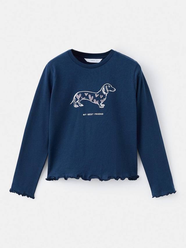 

Детская хлопковая футболка с длинным рукавом и принтом собачки Mango, Navy