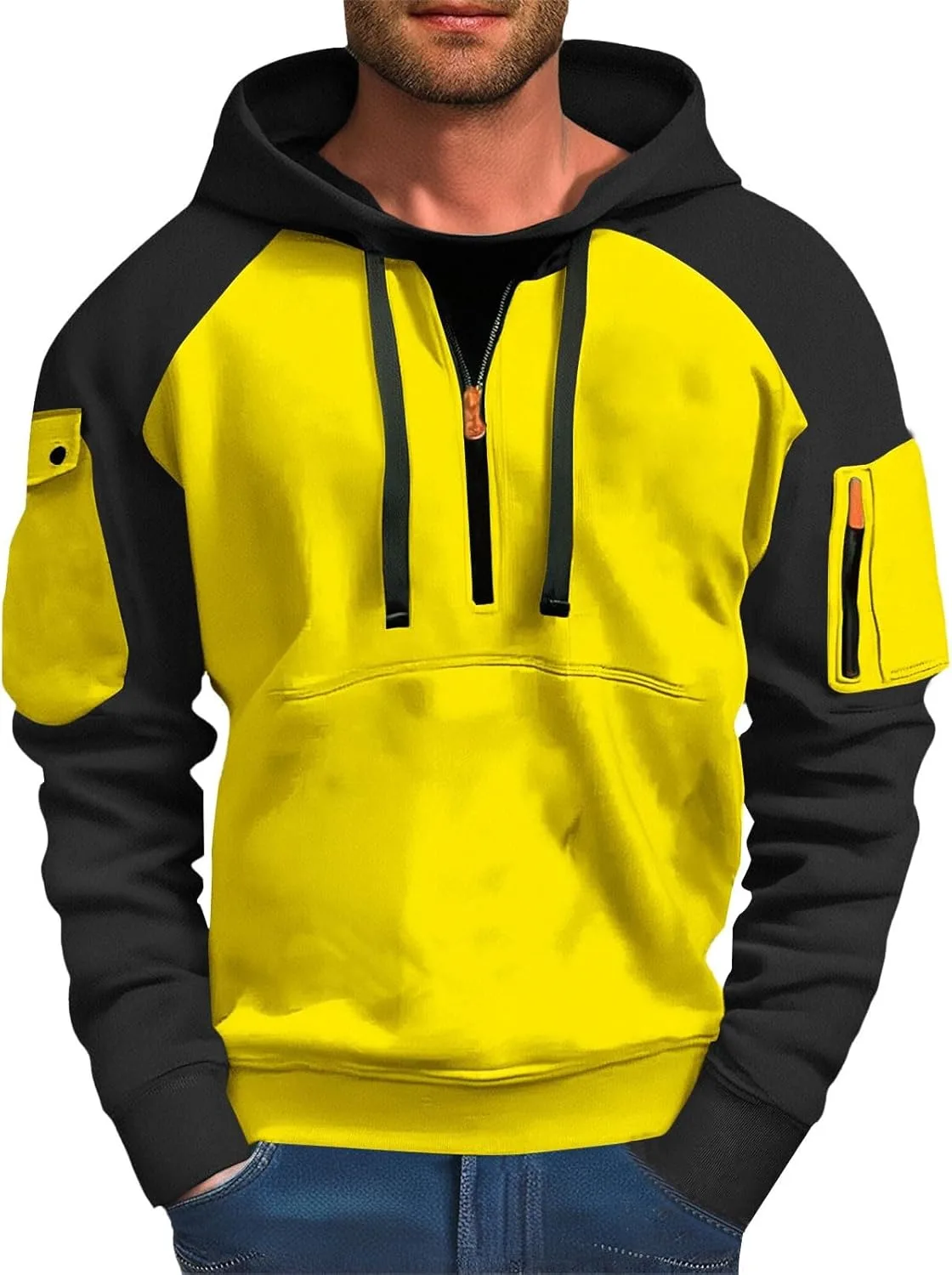 

Тактический худи с капюшоном и карманами для мужчин, Vintage, цветной блок, рукав реглан