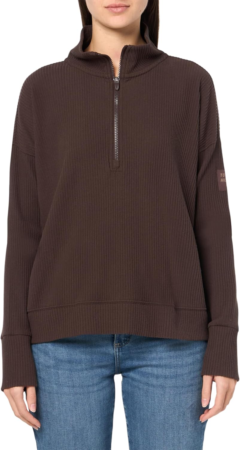 

Женская толстовка Tommy Hilfiger с застежкой-молнией на четверть оборота и матовым рубчиком, с отверстиями для больших пальцев, Dark Chocolate