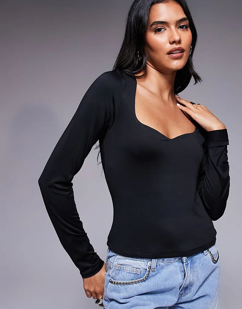

Двухслойный топ с длинными рукавами и сборкой на груди ASOS DESIGN, черный цвет
