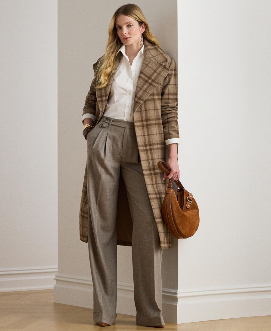 

Женское клетчатое пальто-халат из смесовой шерстяной ткани Lauren Ralph Lauren, Taupe Multi