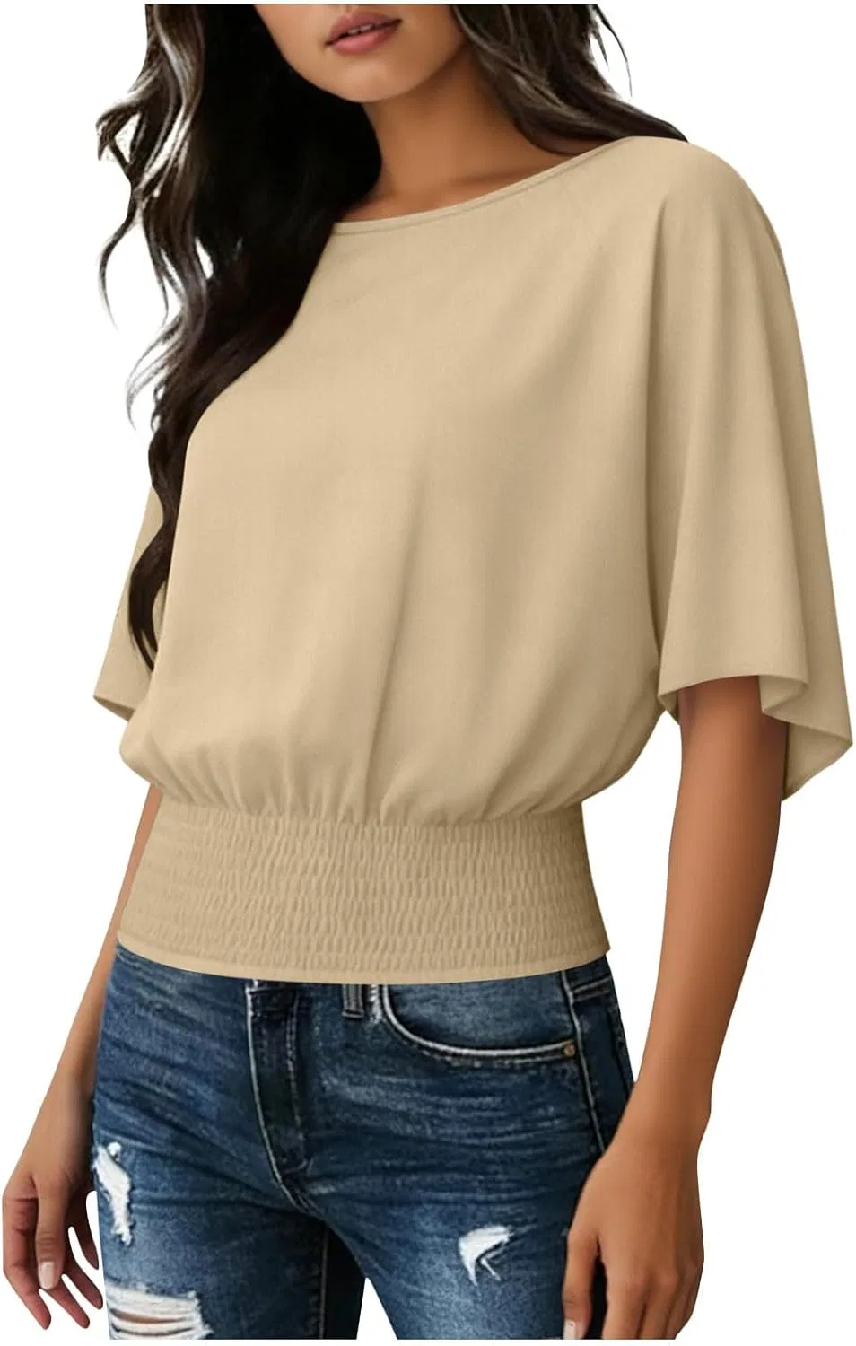 Футболка с коротким рукавом летучая мышь, Khaki-1