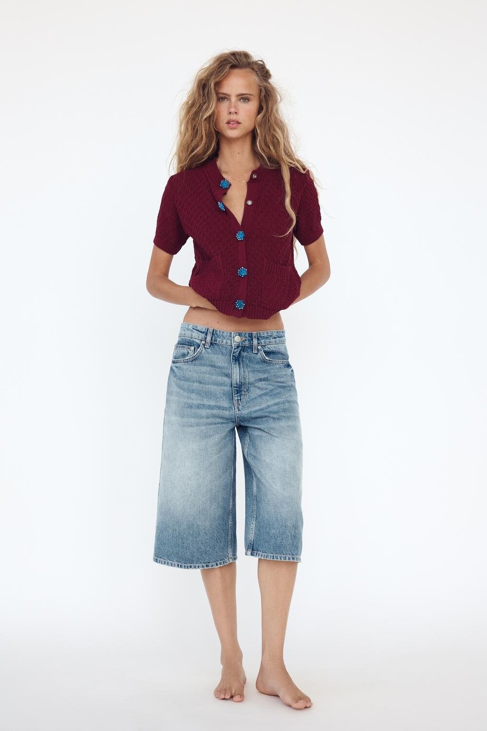

Вязанный кардиган с пуговицей ZARA, бордовый