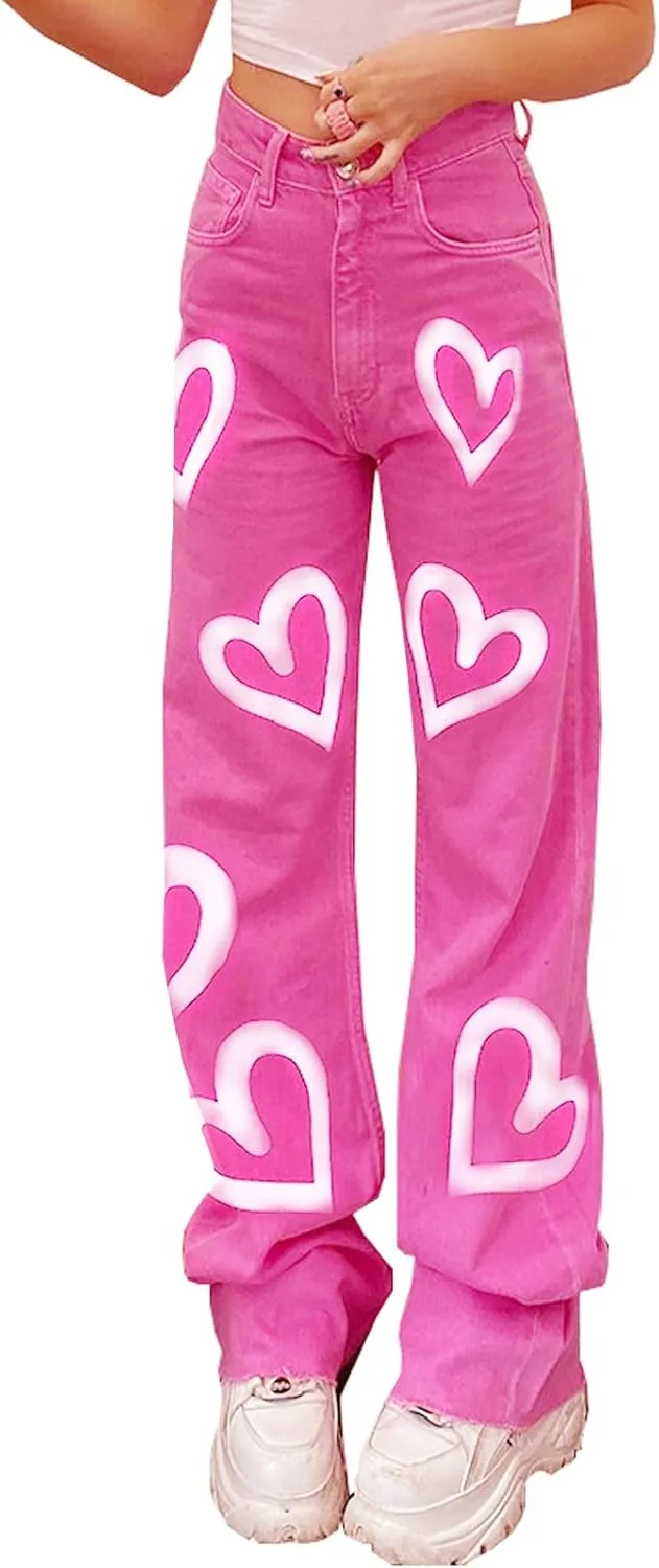 

Джинсы женские с принтом сердце wide leg high waist HBER