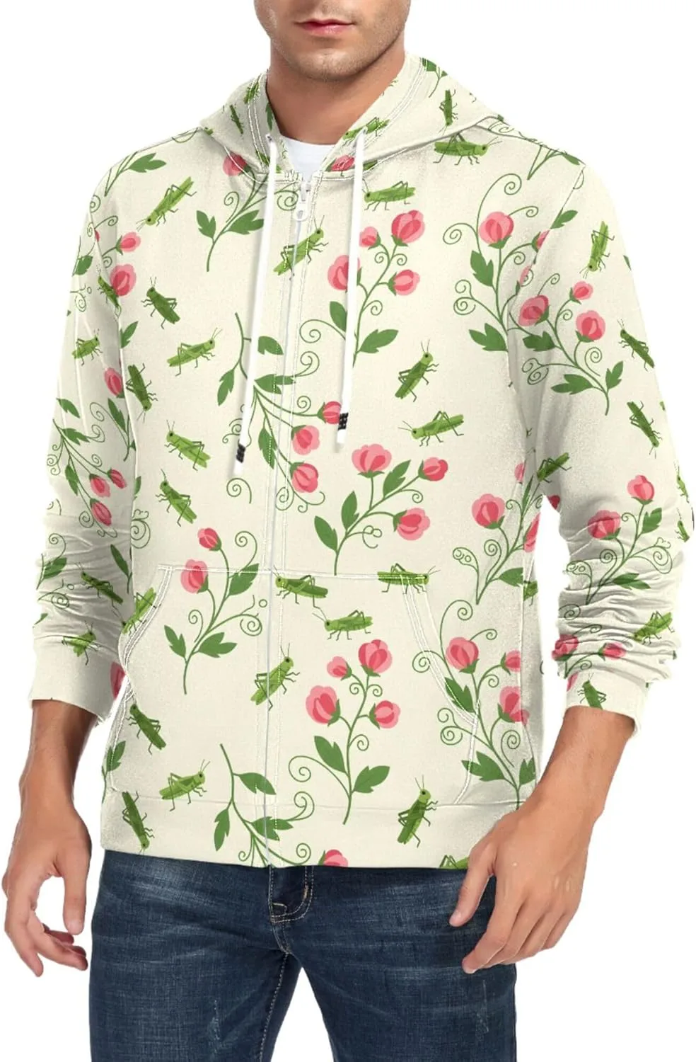 

Мужская толстовка с полной молнией Green Grasshoppers Roses Vines с длинным рукавом и карманом CUPADA