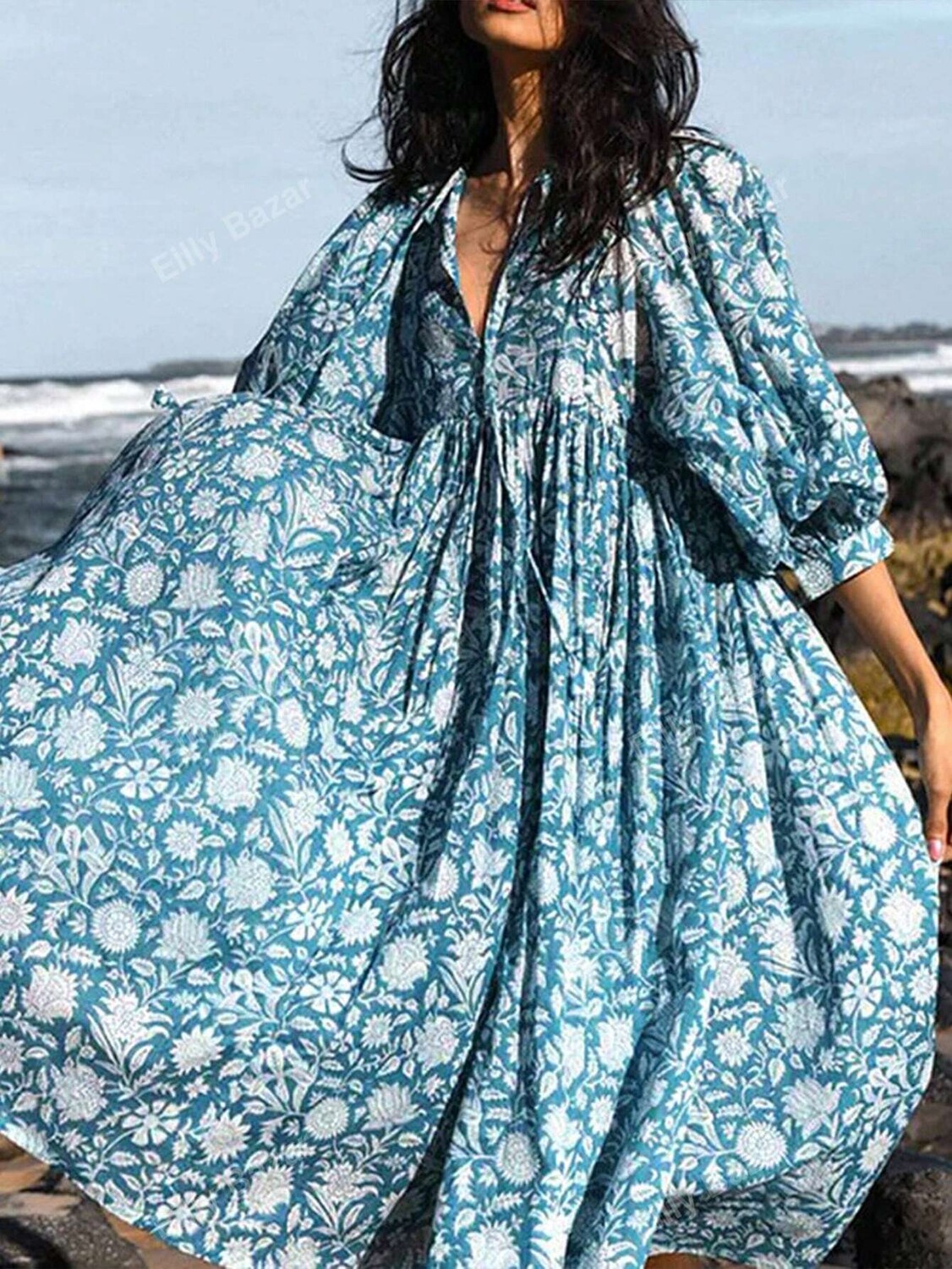 

Женское свободное праздничное платье больших размеров с цветочным принтом и Длинными рукавами Eilly Bazar, синий/белый