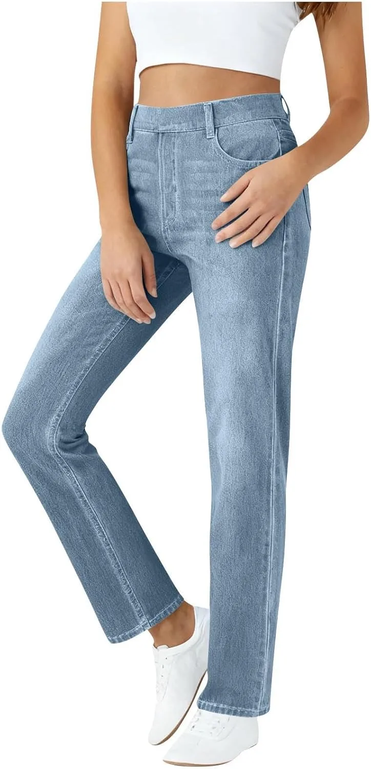 

Женские джинсы High Waited с эластичным поясом и прямыми штанинами