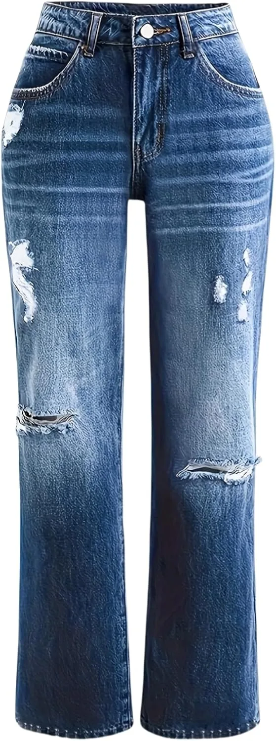 

Женские джинсы с высокой талией и потертостями, Plus Size, широкие, stretch, синий TimeGofate