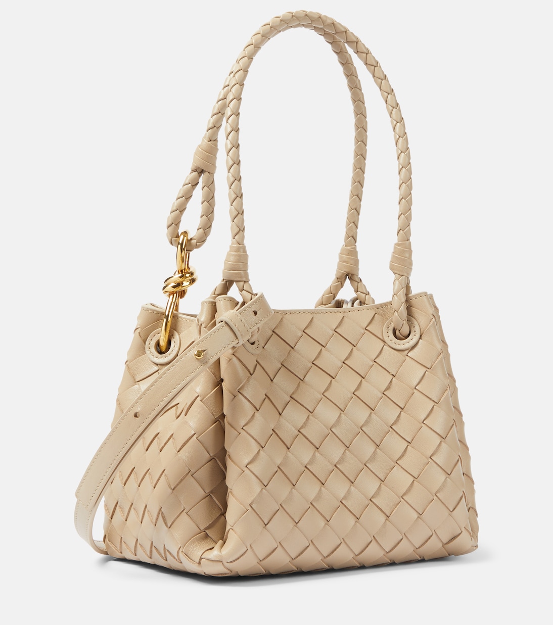 Сумка-тоут из кожи Intrecciato Parachute Small Bottega Veneta, Ecru-Muse Brass — фото 4