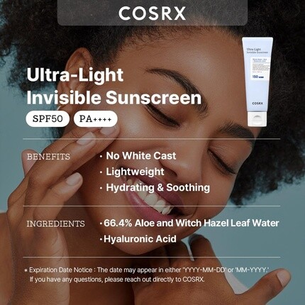 COSRX Ультралегкий невидимый солнцезащитный крем SPF50 PA++++ Легкий, быстро впитывающийся, увлажняющий солнцезащитный крем для сухой кожи, поврежденной солнцем Вода из листьев алоэ и гамамелиса — фото 2