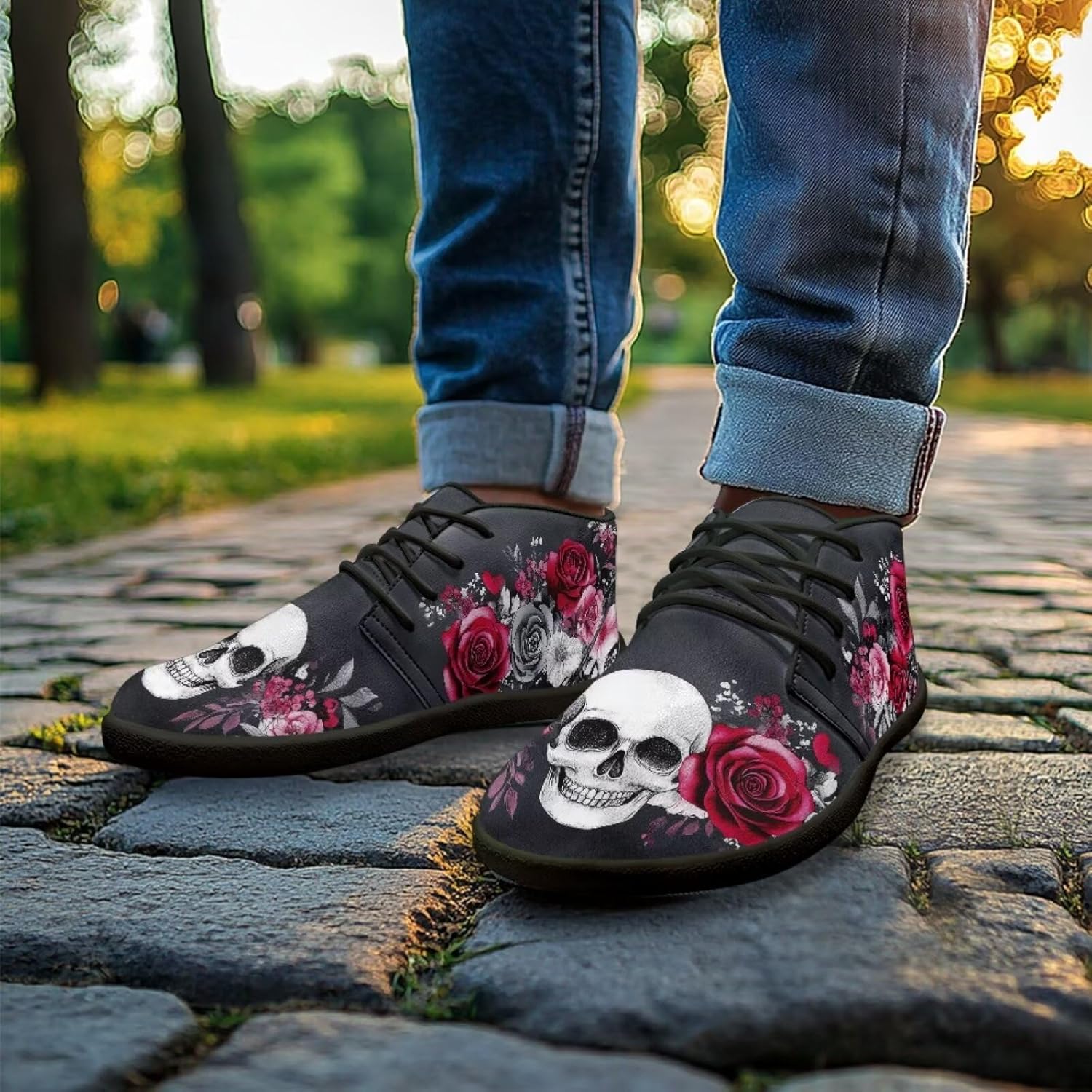 Мужские кроссовки Jeiento Barefoot, ботинки босоногого типа с черепами и цветочным принтом, с широкой носковой частью, воздухопроницаемые, противоскользящие, белый — фото 3