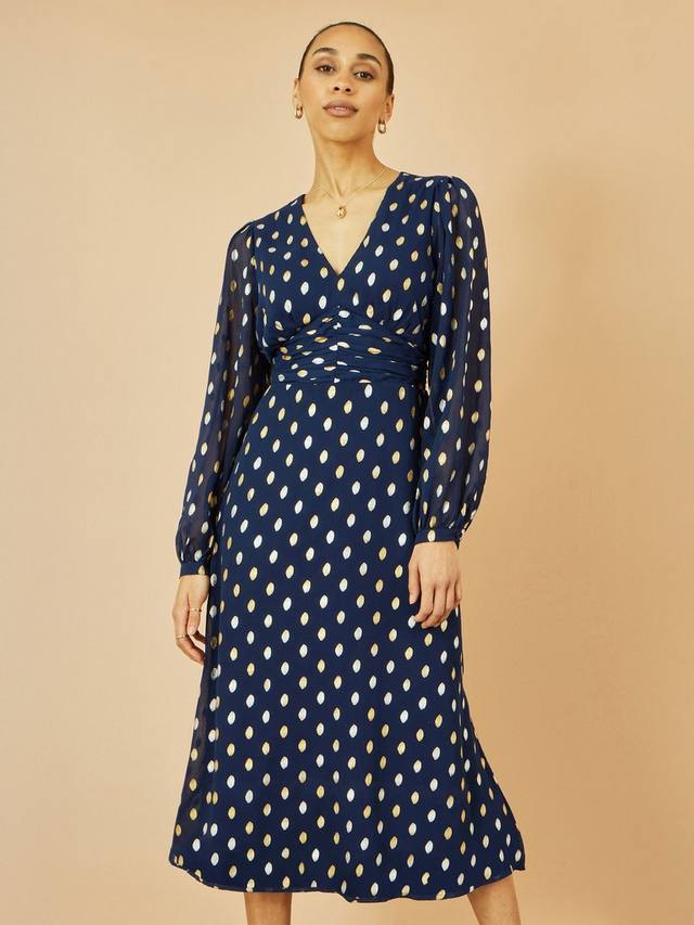 

Платье миди с прозрачными рукавами и фольгированным принтом Yumi, Navy