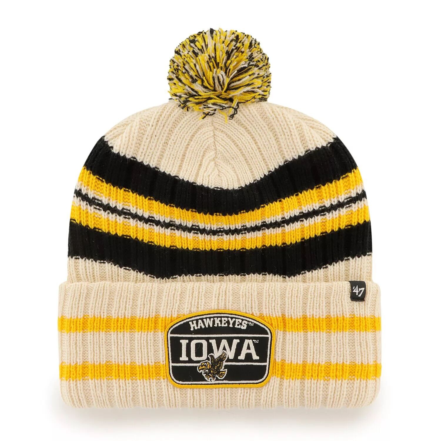 

Мужская вязаная шапка с манжетами и помпоном '47 Natural Iowa Hawkeyes Hone Patch