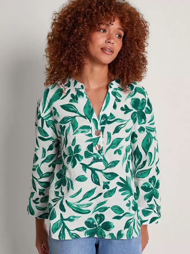 

Топ Monsoon Naomi Linen Leaf Print, зеленый