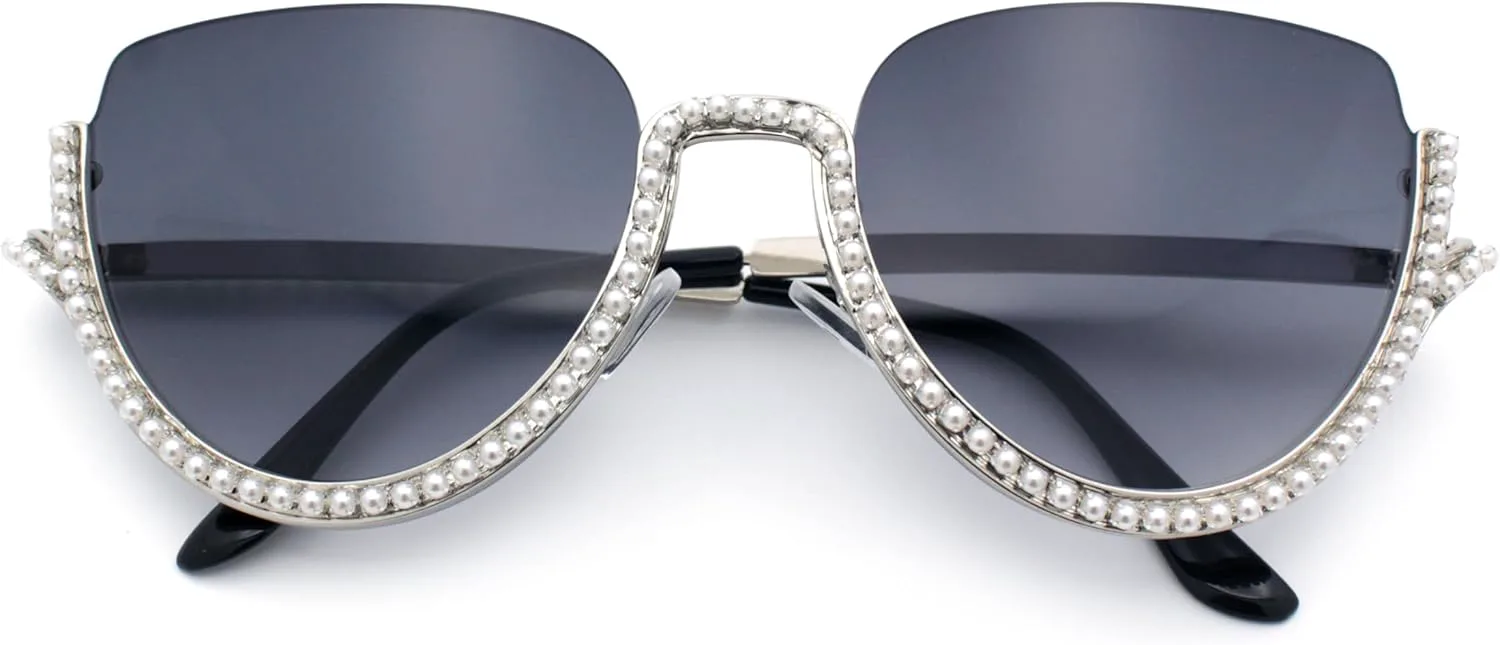 

Женские солнцезащитные очки SA106 в перевернутой полуободковой оправе с перламутровыми вставками и металлическим каркасом в форме «кошачий глаз», Silver - Smoke