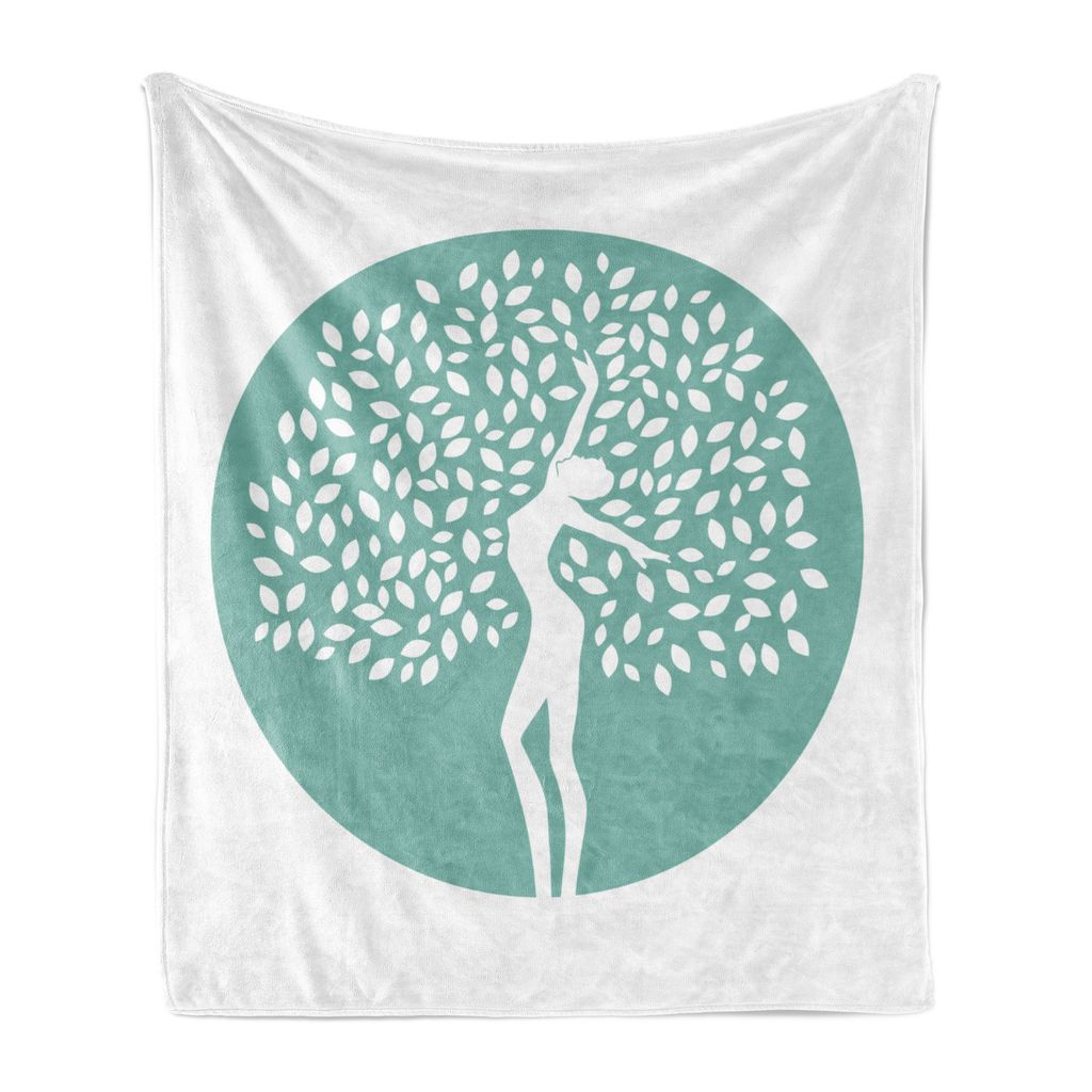 

Мягкое фланелевое флисовое одеяло ABAKUHAUS Leaves, Nature Lady Tree Life Connection Hugging Beauty Theme Illustration Print, 175 x 230 см, белый и бледно-бирюзовый