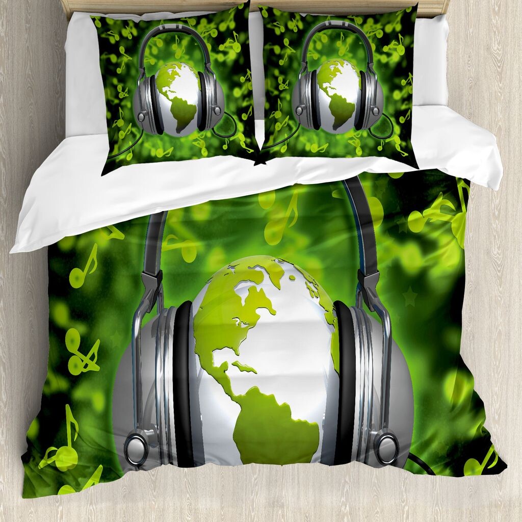 

ABAKUHAUS World Пододеяльник, наушники, музыкальный глобус, защита от клещей, подходит для аллергиков с наволочками, 155 см x 220 см - 80 x 80 см, салатово-серый