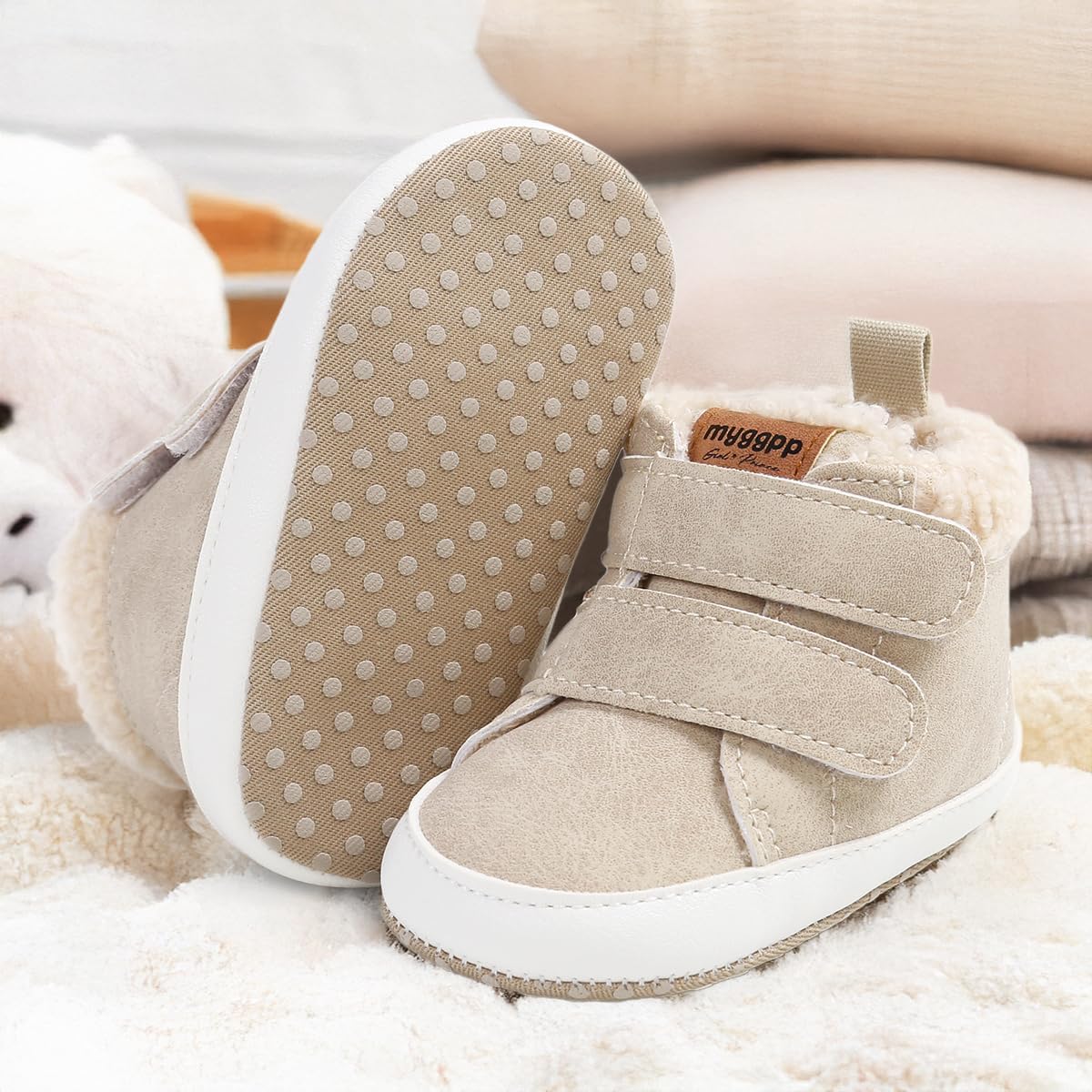 HsdsBebe Детские ботиночки на щиколотку для мальчиков и девочек, флисовые пинетки с противоскользящей резиновой подошвой, кроссовки для малышей, обувь для новорожденных для ходьбы и сна, A02/Beige — фото 3