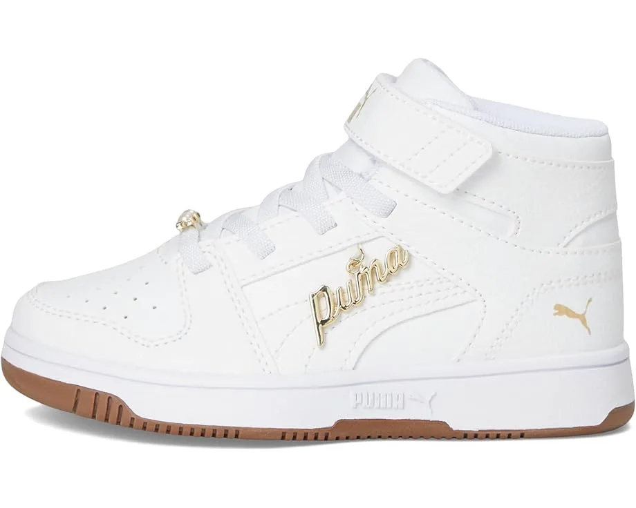 Кроссовки PUMA Kids Rebound Layup Mid Hook and Loop Shoes (Little Kid), White/White/Gold — фото 4