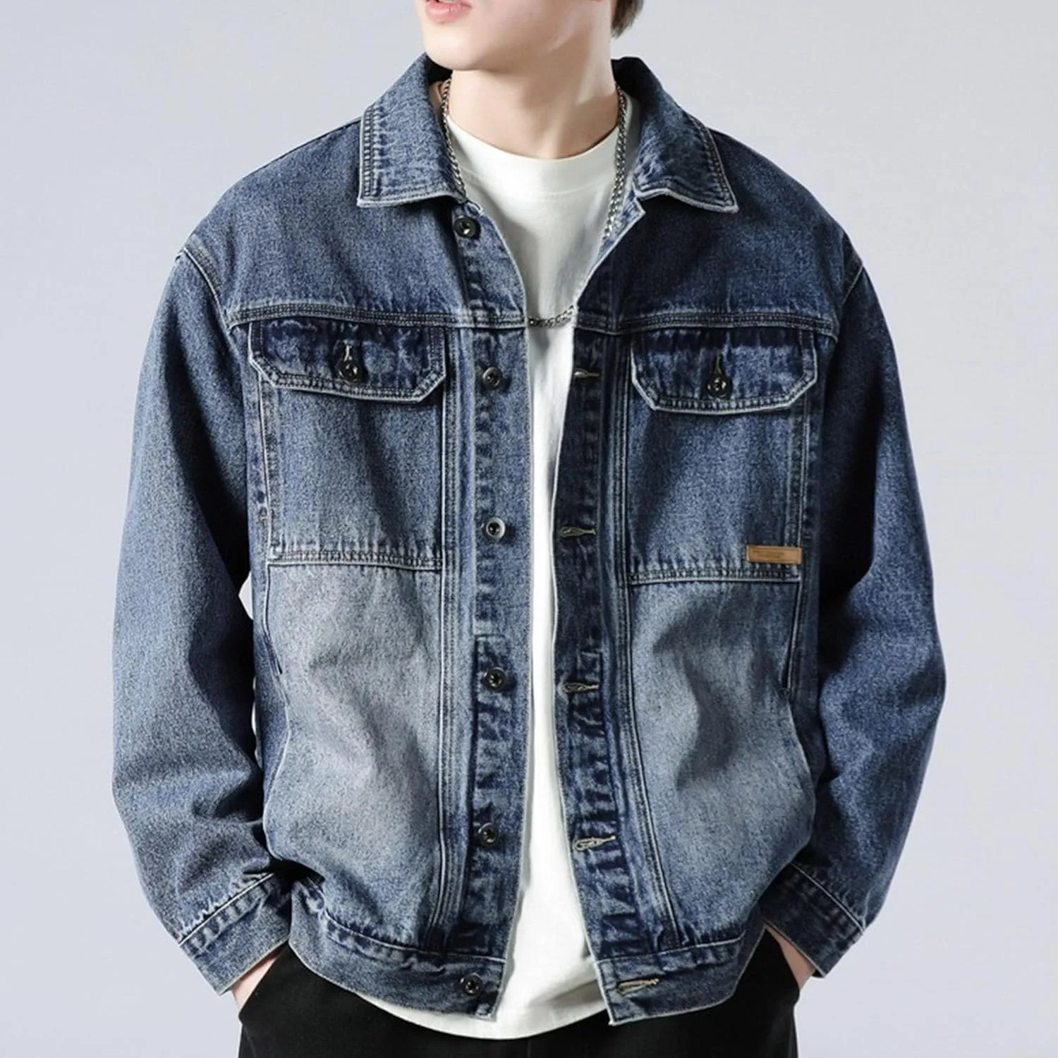 Мужская джинсовая куртка в стиле trucker с карманом на лацкане, slim fit, на пуговицах Generic, синий — фото 3