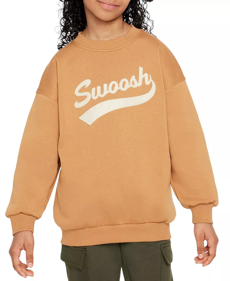 

Большой флисовый свитшот с круглым вырезом Nike Sportswear Club для девочек, цвет Flax