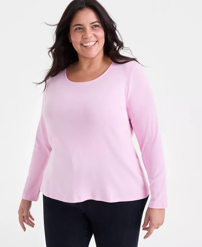 

Женская хлопковая блузка с длинным рукавом и круглым вырезом, PP-4X, создано для Macy's Style & Co