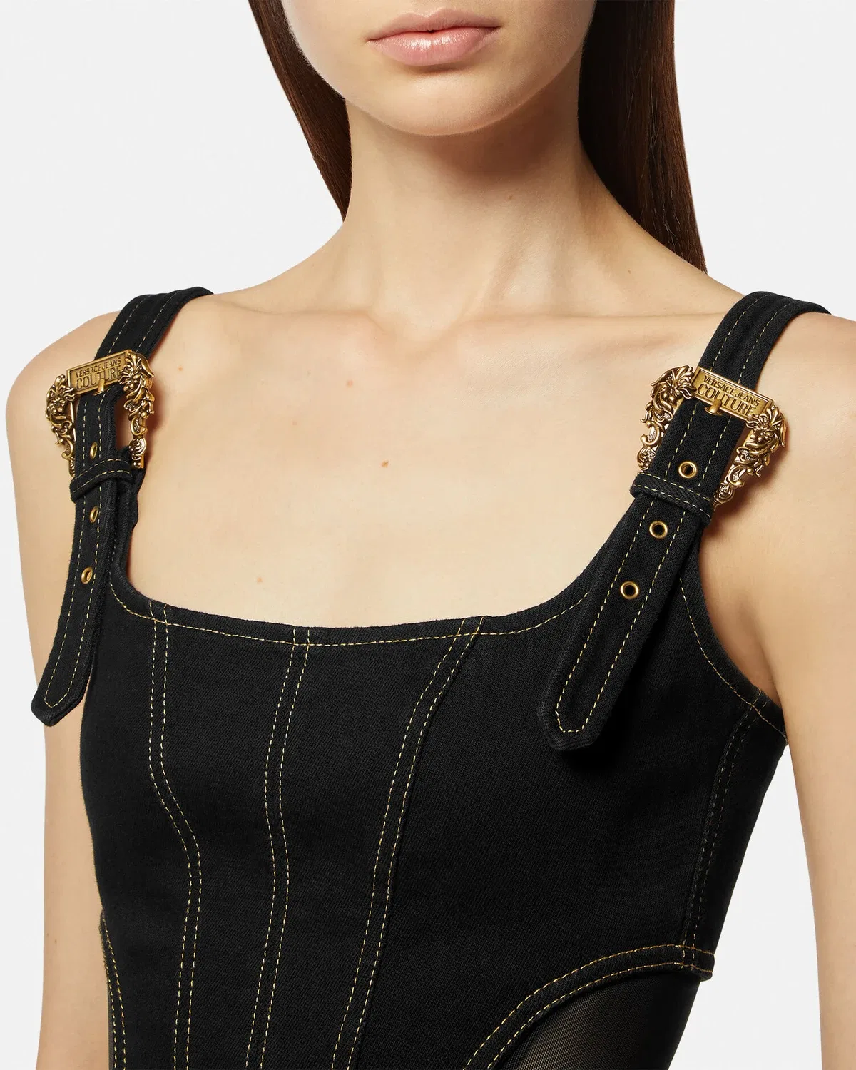 Джинсовое миди-платье с барочной пряжкой VERSACE, черный — фото 3