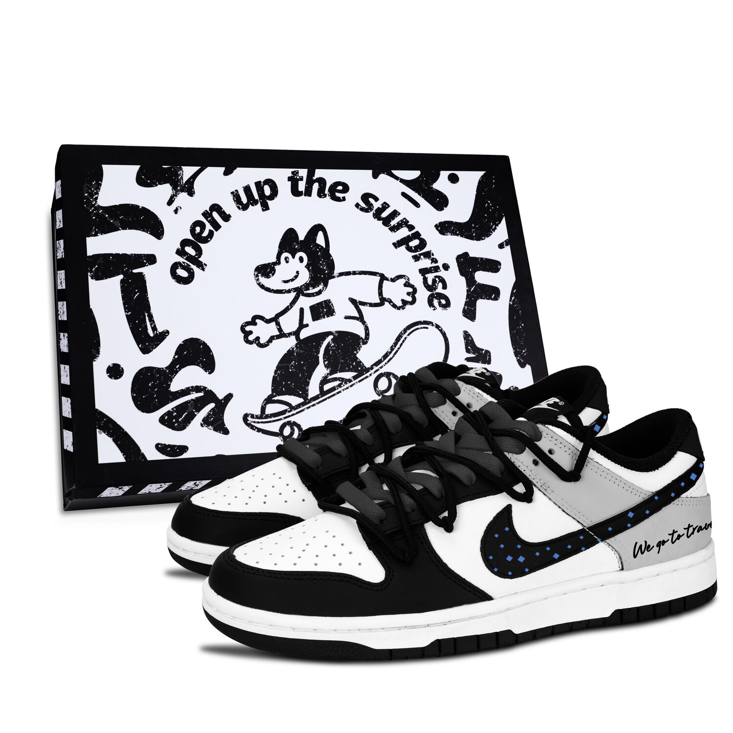 

Nike Данк черно-белые, серые противоскользящие устойчивые к истиранию низкие скейтерские кроссовки унисекс серо-черные с синим, цвет Blue