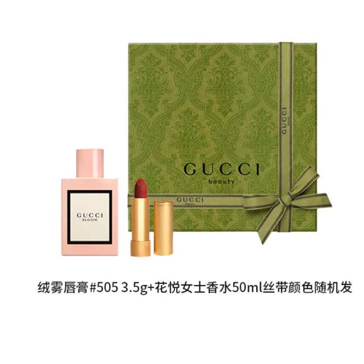 GUCCI Набор Flower Joy Perfume Golden Tube: помада и блеск для губ, 3.5 г + 50 мл, подарок на день рождения, Velvet Mist Lipstick #25 3.5g+Huayue Women's Perfume 50ml — фото 4