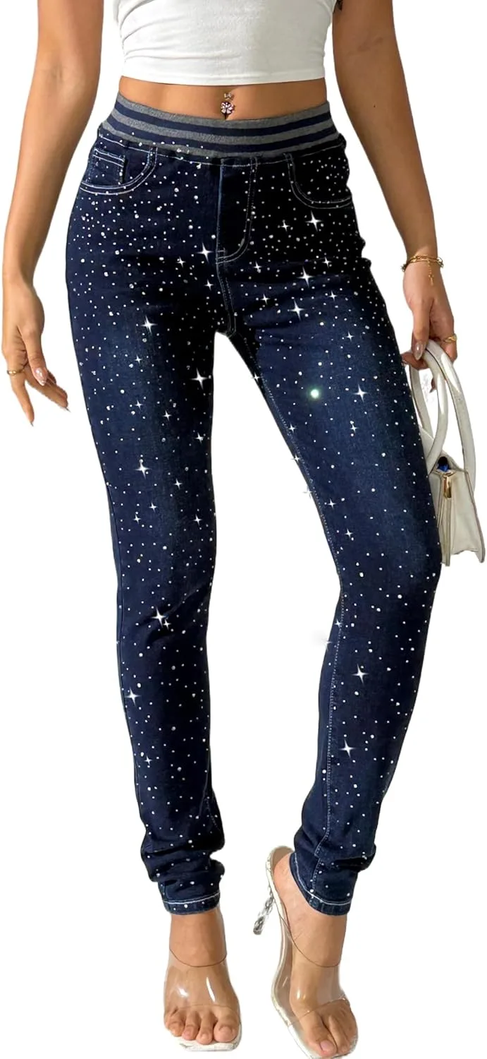 

Heipeiwa Женские джинсы с пайетками Pull On Skinny Denim Pants с высокой эластичной талией
