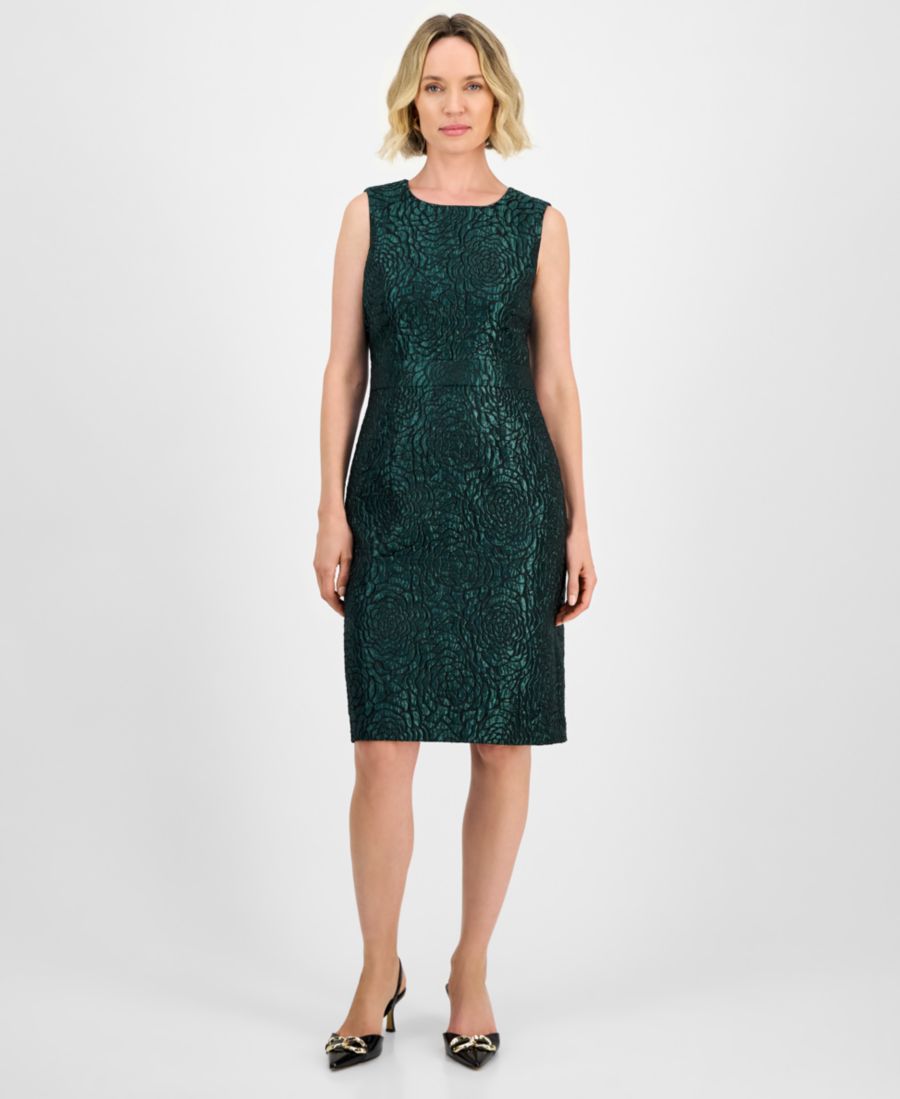 

Женское платье-футляр без рукавов с дамасским узором, стандартный и укороченный размеры Kasper, Evergreen/black