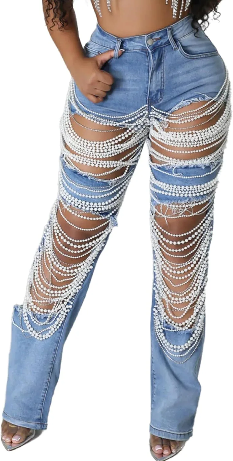 

Vaceky Pearl Ripped Jeans женские джинсы High Waist Stretchy Straight Leg Y2K Western